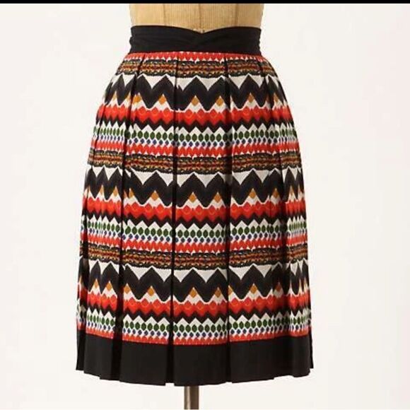 Anthropologie Fei Womens Multicolor Pleated Skirt Sz 6 Geometric Aztec Boho Folk - Picture 1 of 8